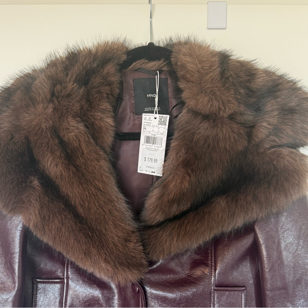 Mango faux-leather with faux fur collar coat - Picture 3 of 10